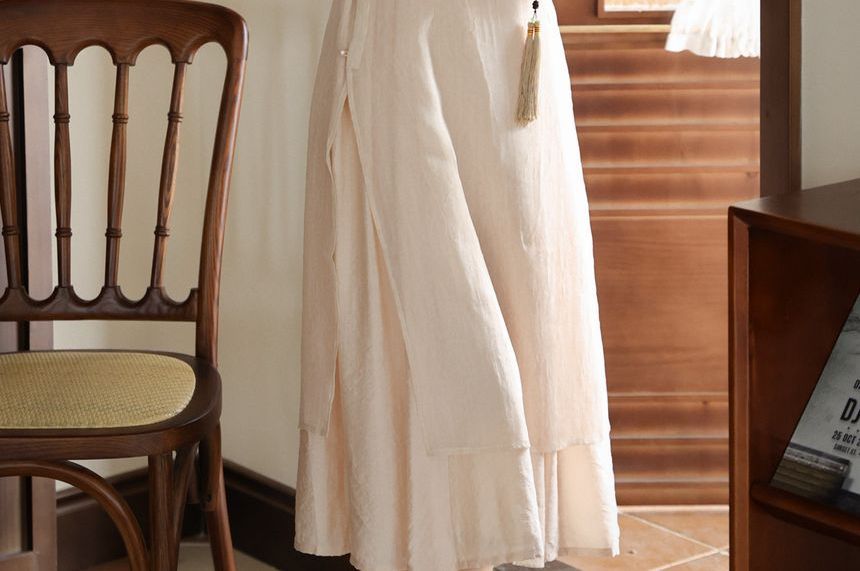 Set: Short-Sleeve Hanfu Long Top + Spaghetti Strap Plain Midi A-Line Dress SpreePicky