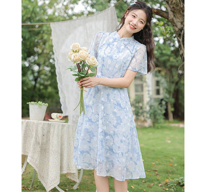 Short-Sleeve Band Collar  Floral Print Midi A-Line Dress mySite