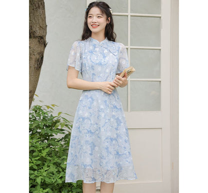 Short-Sleeve Band Collar  Floral Print Midi A-Line Dress mySite