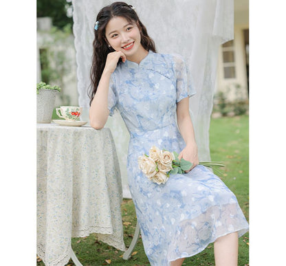 Short-Sleeve Band Collar  Floral Print Midi A-Line Dress mySite