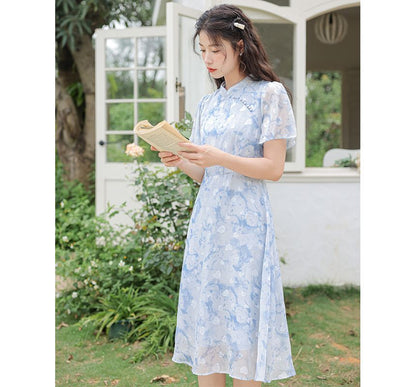 Short-Sleeve Band Collar  Floral Print Midi A-Line Dress mySite