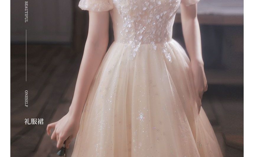 / A-Line Midi Short-Sleeve Evening Gown Dress Mesh FashionChic