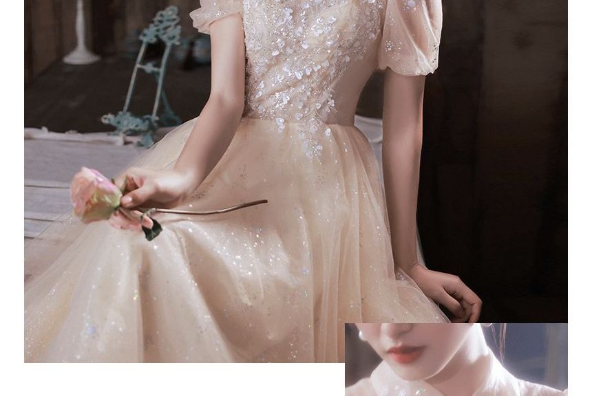 / A-Line Midi Short-Sleeve Evening Gown Dress Mesh FashionChic