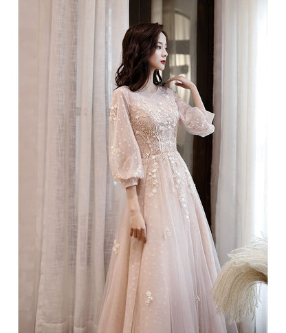 Long-Sleeve Crew Neck Mesh A-Line Evening Gown SpreePicky