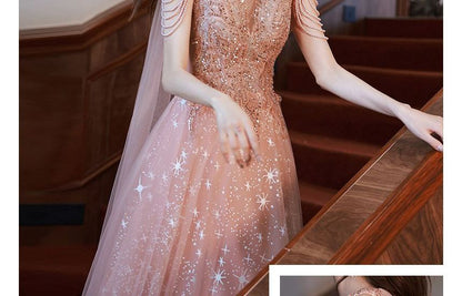 Short-Sleeve V-Neck Sequin Trained Maxi A-Line Evening Dress SpreePicky