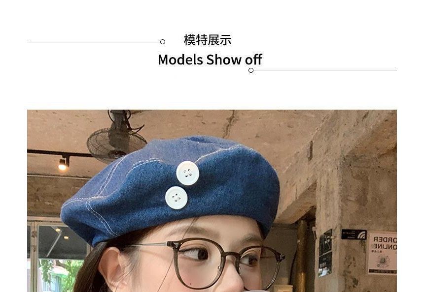 Button Washed Denim Beret SpreePicky