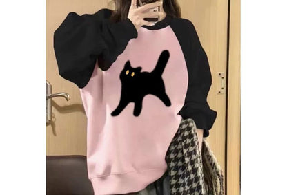 Crew Neck Cat Accent Raglan Sweatshirt SpreePicky