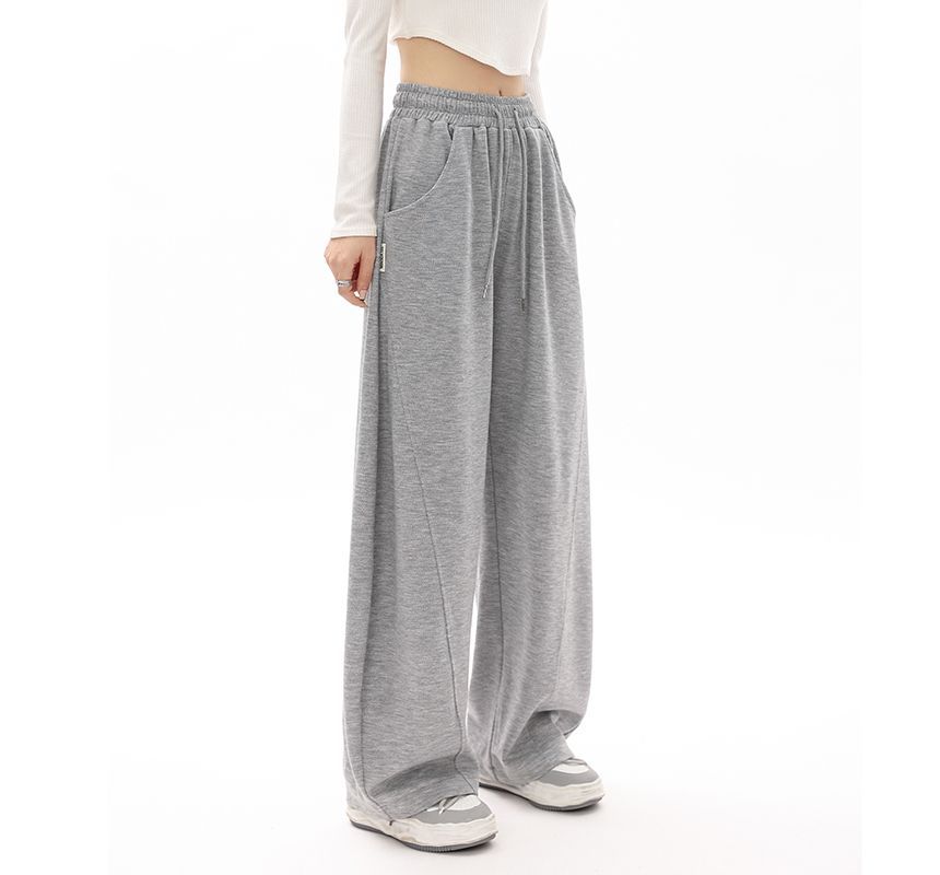 High Waist Plain Pocketed Drawstring Wide Leg Sweatpants SpreePicky