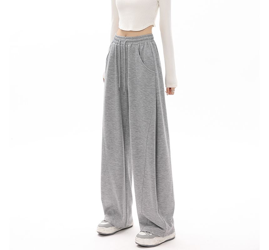 High Waist Plain Pocketed Drawstring Wide Leg Sweatpants SpreePicky