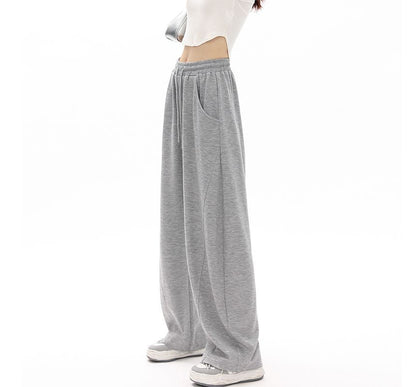 High Waist Plain Pocketed Drawstring Wide Leg Sweatpants SpreePicky