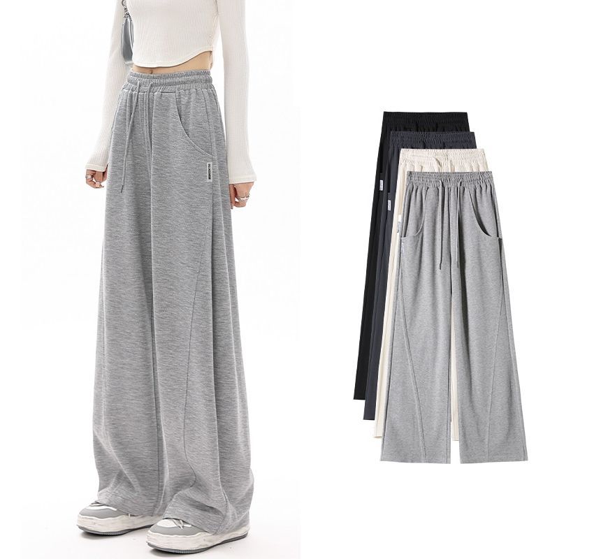 High Waist Plain Pocketed Drawstring Wide Leg Sweatpants SpreePicky