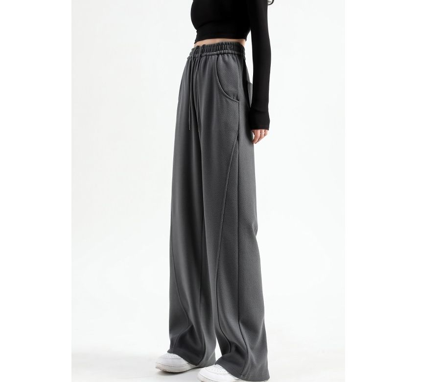 High Waist Plain Pocketed Drawstring Wide Leg Sweatpants SpreePicky