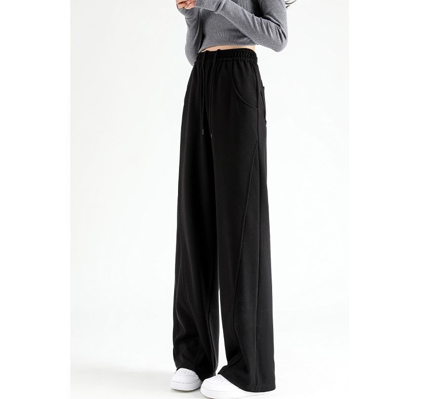 High Waist Plain Pocketed Drawstring Wide Leg Sweatpants SpreePicky