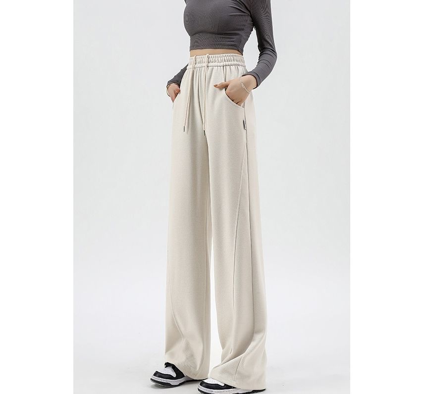 High Waist Plain Pocketed Drawstring Wide Leg Sweatpants SpreePicky