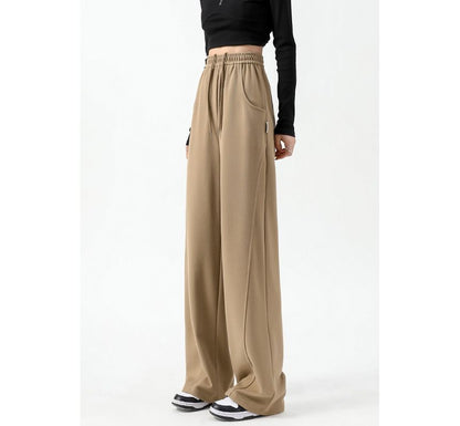 High Waist Plain Pocketed Drawstring Wide Leg Sweatpants SpreePicky