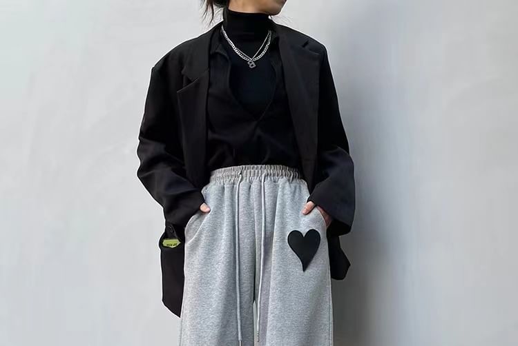 High Waist Heart Print Straight-Fit Sweat Pants SpreePicky