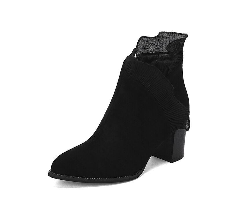 Ruffle Trim Chunky Heel Ankle Boots SpreePicky