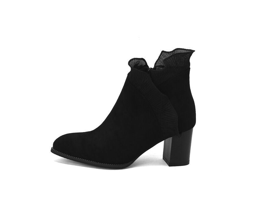 Ruffle Trim Chunky Heel Ankle Boots SpreePicky