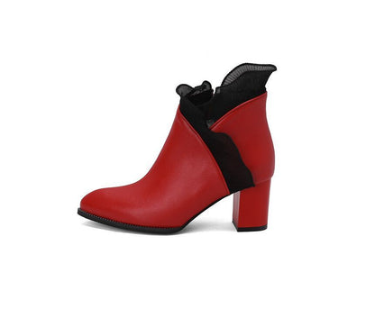 Ruffle Trim Chunky Heel Ankle Boots SpreePicky