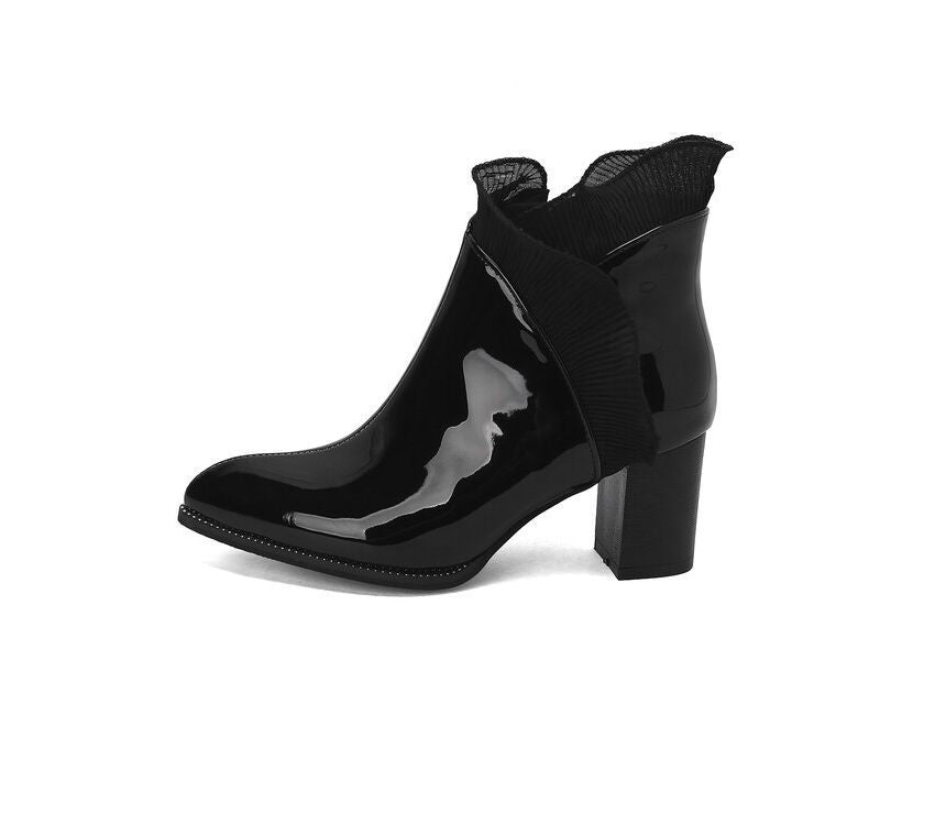 Ruffle Trim Chunky Heel Ankle Boots SpreePicky