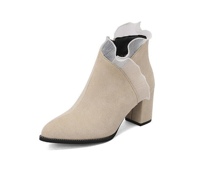 Ruffle Trim Chunky Heel Ankle Boots SpreePicky