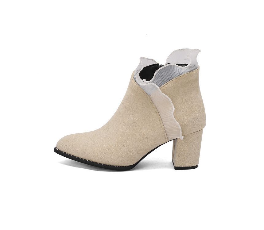 Ruffle Trim Chunky Heel Ankle Boots SpreePicky