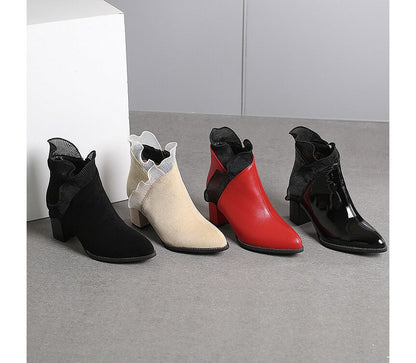 Ruffle Trim Chunky Heel Ankle Boots SpreePicky