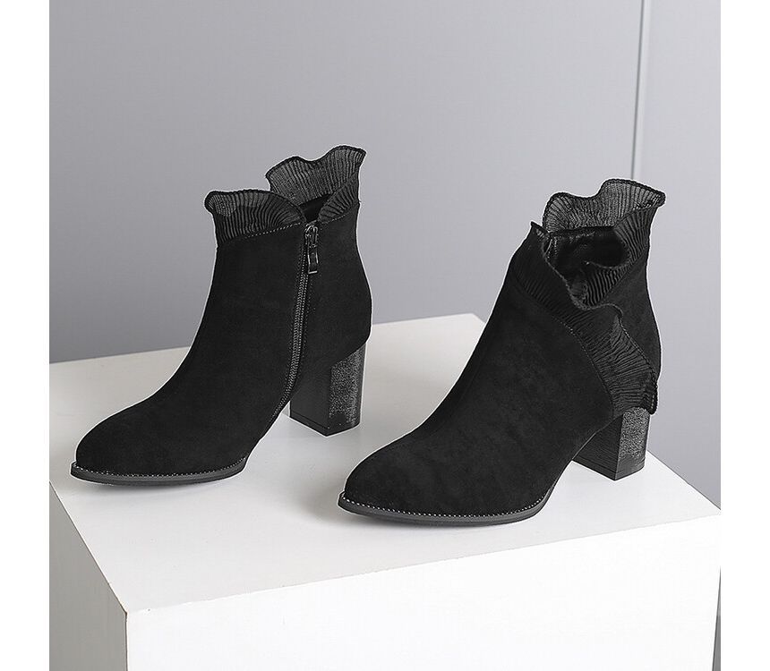 Ruffle Trim Chunky Heel Ankle Boots SpreePicky