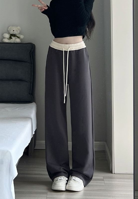 Paneled High Waist Drawstring Pocket Wide Leg Sweatpants SpreePicky