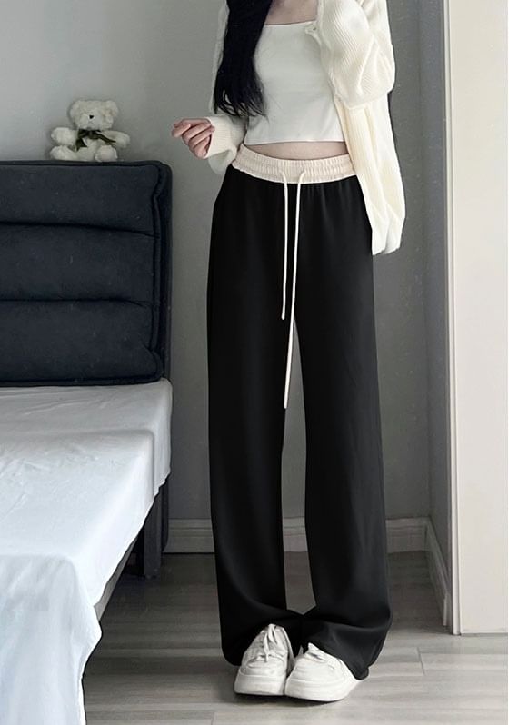 Paneled High Waist Drawstring Pocket Wide Leg Sweatpants SpreePicky