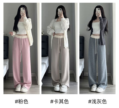 Paneled High Waist Drawstring Pocket Wide Leg Sweatpants SpreePicky