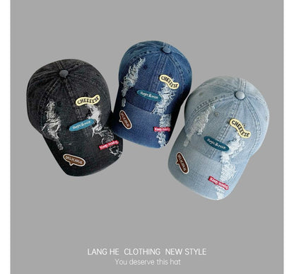 Lettering Applique Distressed Denim Baseball Cap SpreePicky