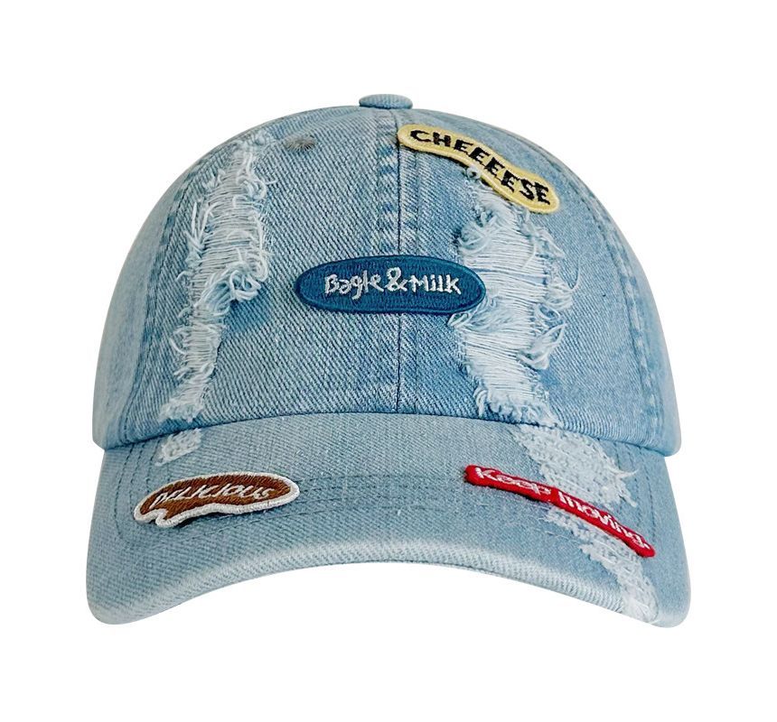 Lettering Applique Distressed Denim Baseball Cap SpreePicky