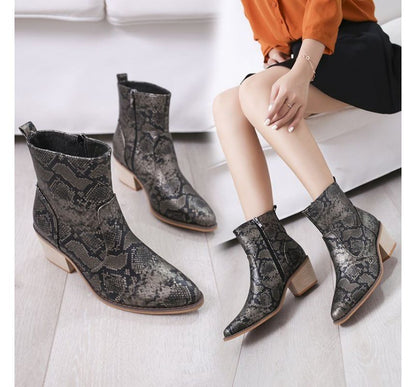 Snakeskin Print Chunky Heel Short Boots SpreePicky