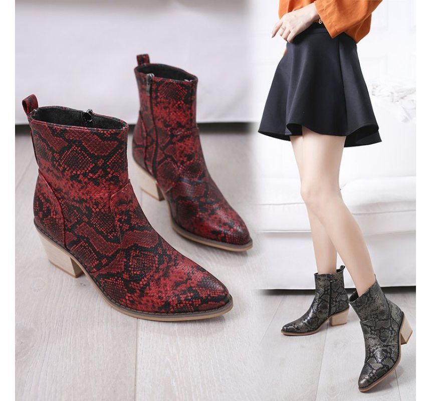 Snakeskin Print Chunky Heel Short Boots SpreePicky