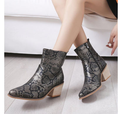 Snakeskin Print Chunky Heel Short Boots SpreePicky