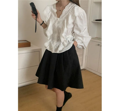 Puff-Sleeve Frill Trim Plain Blouse mySite