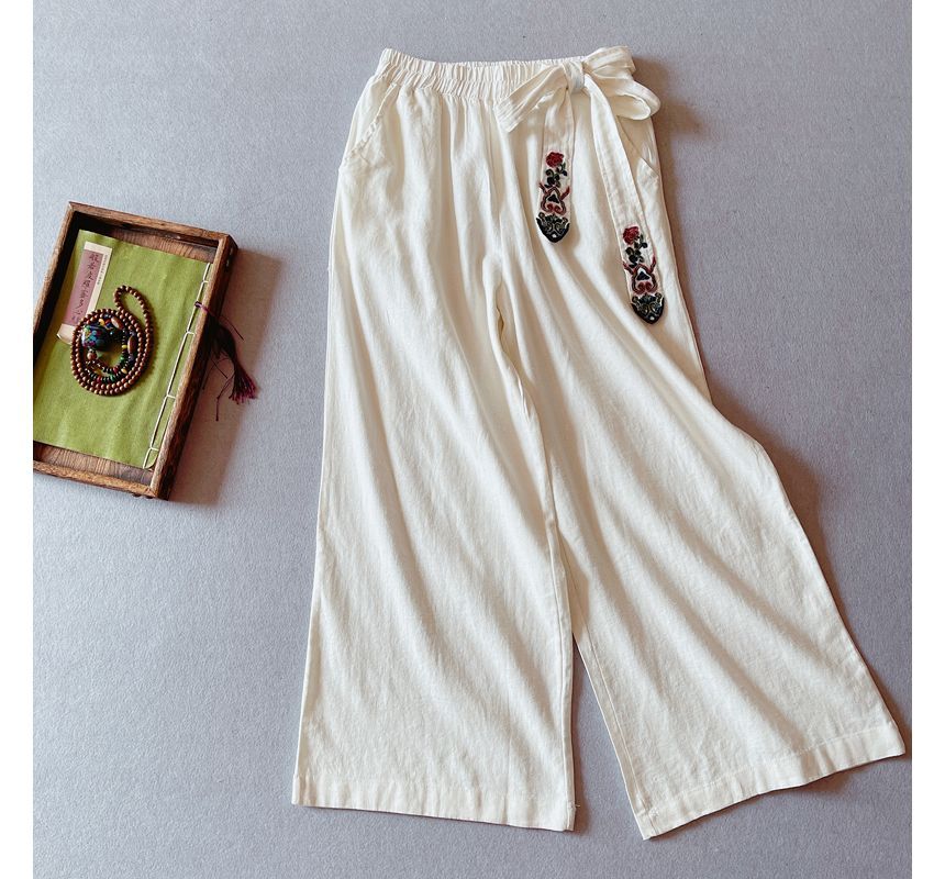 Elastic Waist Embroidered Wide Leg Pants SpreePicky