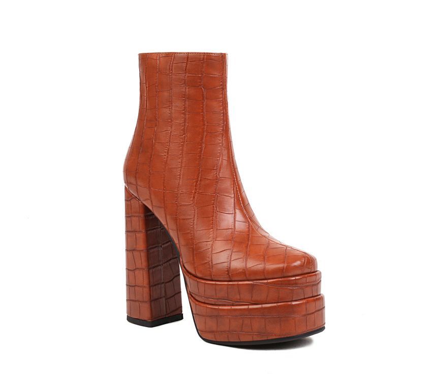 Square Toe Crocodile Grain Platform Block Heel Short Boots SpreePicky