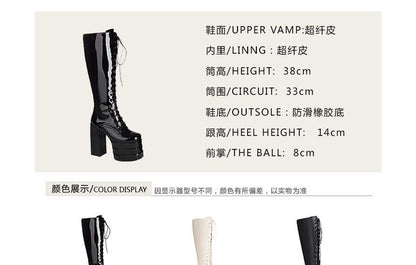 Square Toe Platform Lace Up Block Heel Knee High Boots SpreePicky