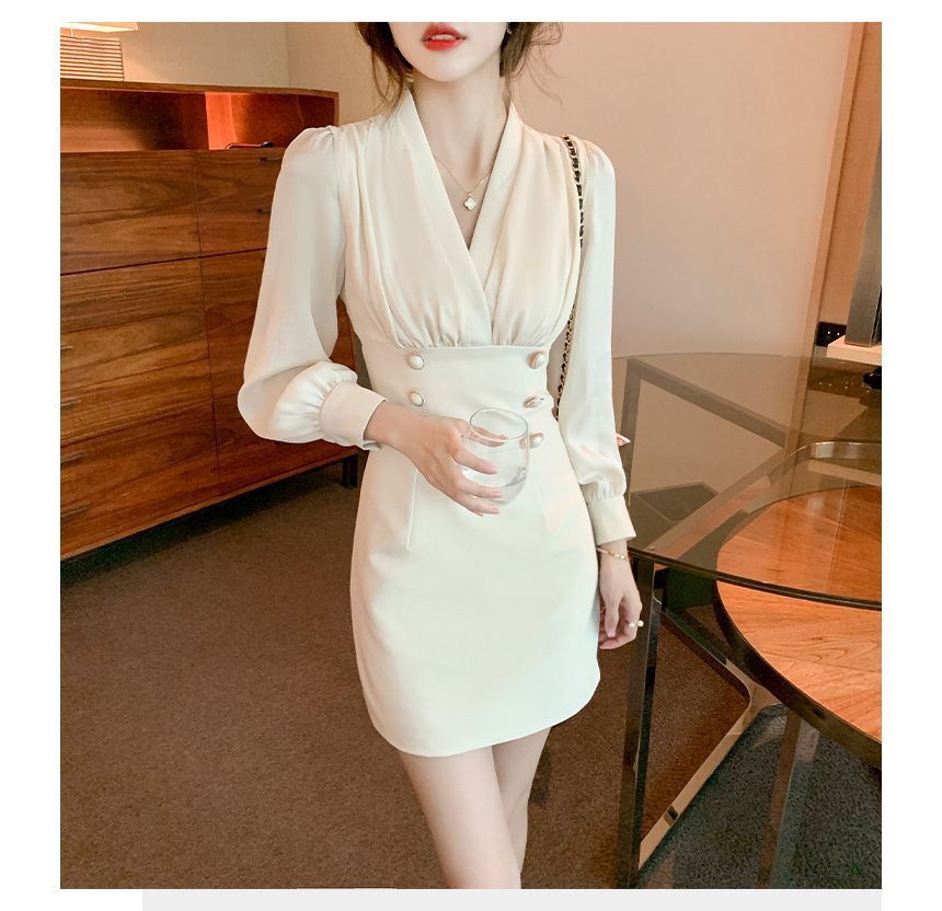 Puff-Sleeve V-Neck Double-Breasted Mini Bodycon Dress SpreePicky