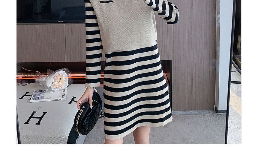 Set: Long-Sleeve High Neck Striped Mini Knit Dress + High Neck Paneled Sweater Vest SpreePicky