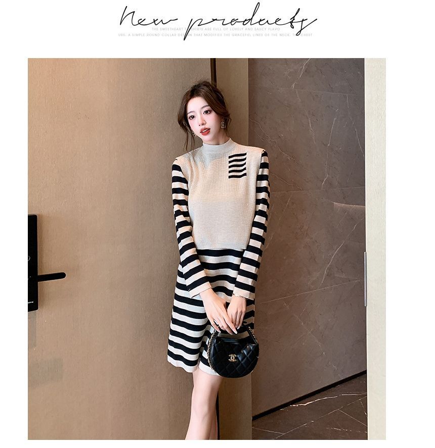 Set: Long-Sleeve High Neck Striped Mini Knit Dress + High Neck Paneled Sweater Vest SpreePicky