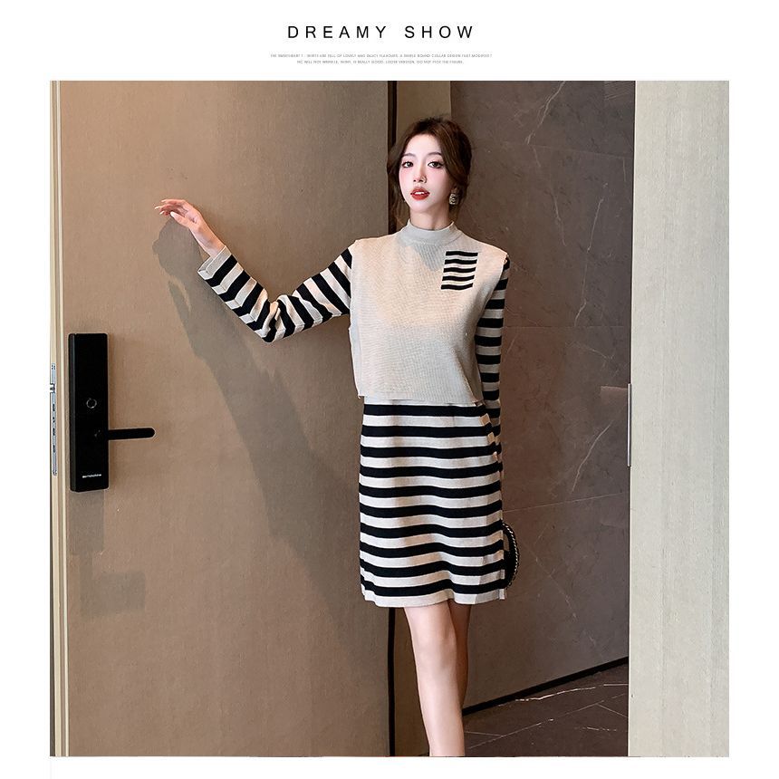 Set: Long-Sleeve High Neck Striped Mini Knit Dress + High Neck Paneled Sweater Vest SpreePicky