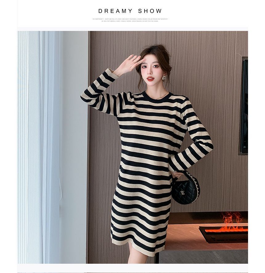 Set: Long-Sleeve High Neck Striped Mini Knit Dress + High Neck Paneled Sweater Vest SpreePicky