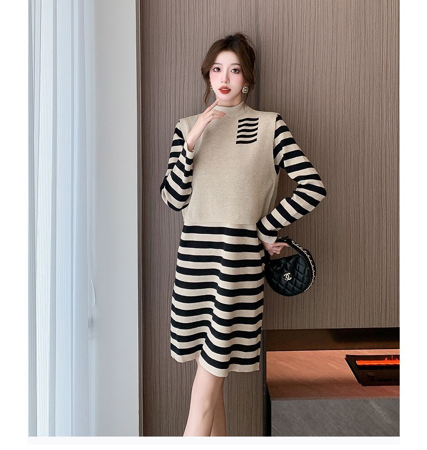 Set: Long-Sleeve High Neck Striped Mini Knit Dress + High Neck Paneled Sweater Vest SpreePicky