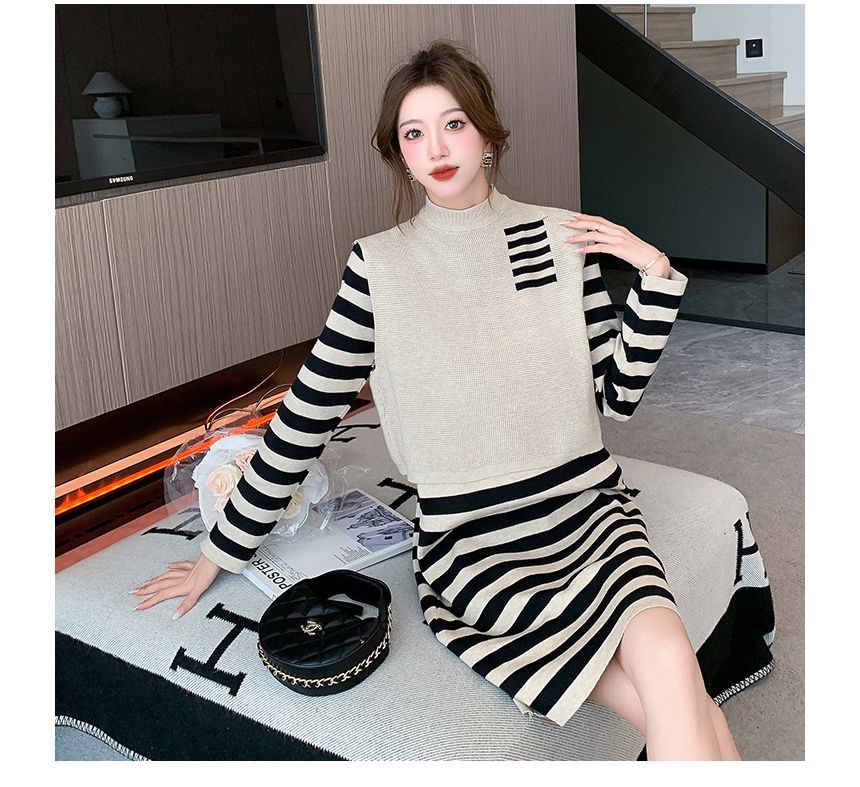 Set: Long-Sleeve High Neck Striped Mini Knit Dress + High Neck Paneled Sweater Vest SpreePicky