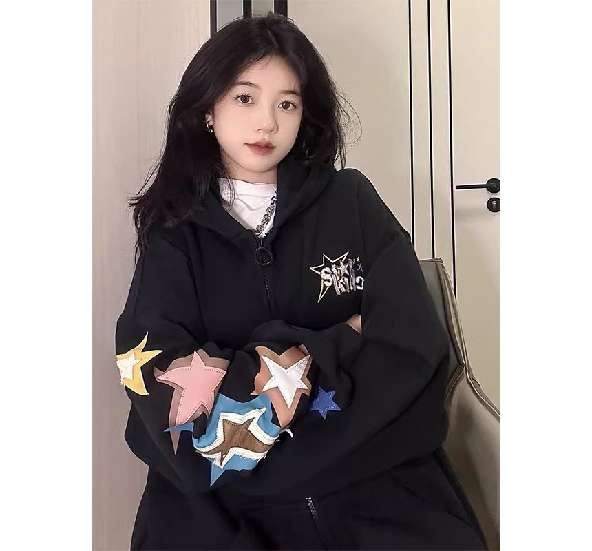 Star Applique Zip Hoodie SpreePicky