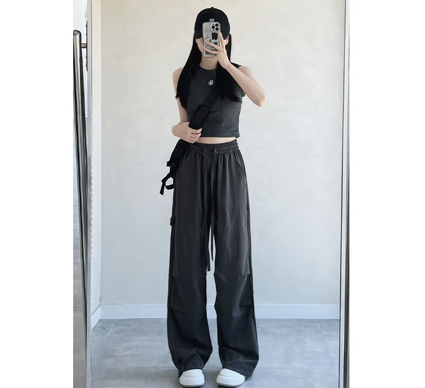 High Rise Drawstring Plain Wide Leg Parachute Cargo Sweatpants SpreePicky