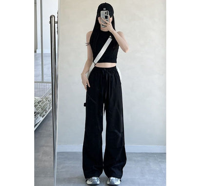 High Rise Drawstring Plain Wide Leg Parachute Cargo Sweatpants SpreePicky